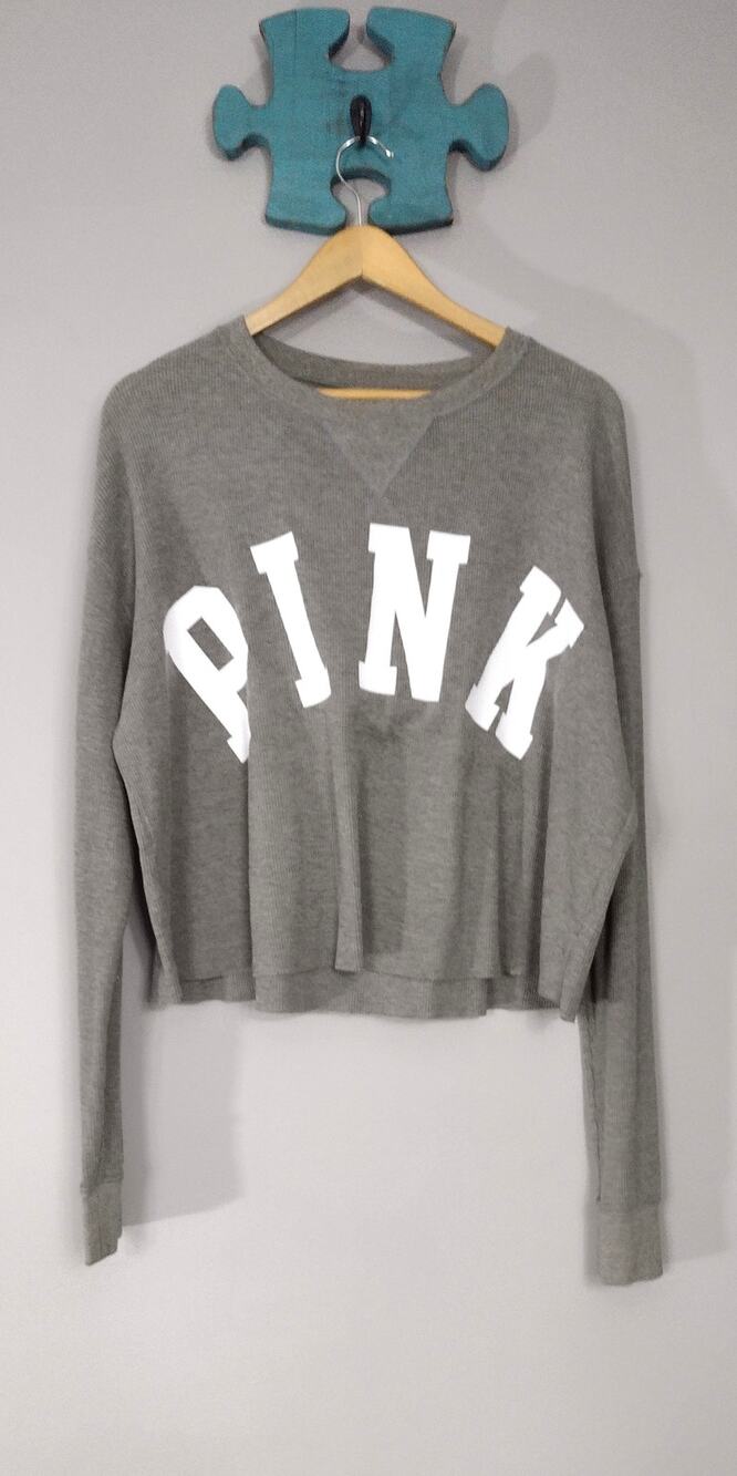 PINK Waffle Thermal Henley Pullover Top L Gray White